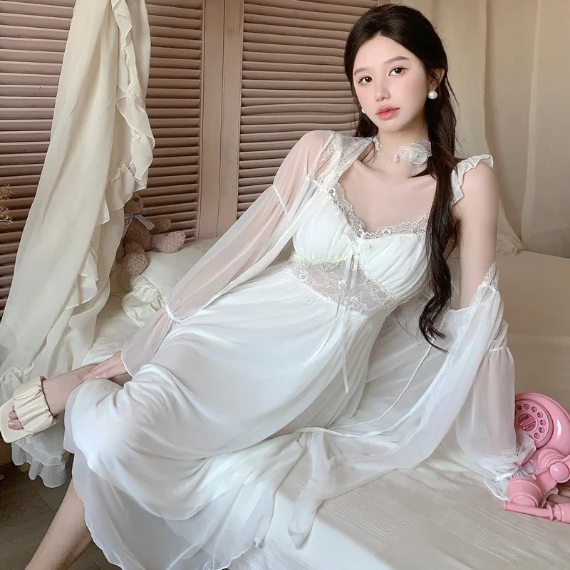 

Bride Lace Robe Set White Women Bathrobe Gown Suit Sexy Sleepwear Nightgown Wedding Kimono Summer Satin Home Dress Loungewear