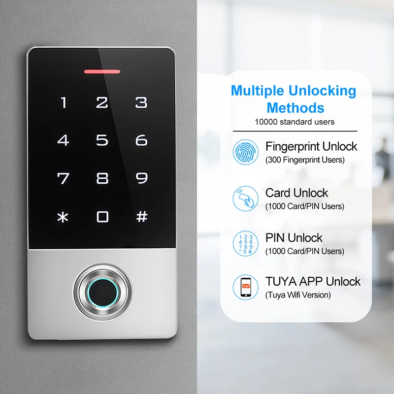 Waterproof WiFi Tuya App Smart Door Lock Fingerprint Card PIN Users Access Control Machines Metal Keypad Access Control System
Waterproof WiFi Tuya App Smart Door Lock Fingerprint Card PIN Users Access Control Machines Metal Keypad Access Control System