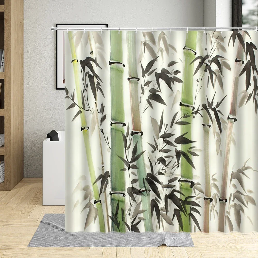 

Бамбуковая занавеска для душа с чернилами, набор из зеленых растений в китайском стиле, современный декор для ванной комнаты, ткань из полиэстера, шикарные занавески для ванны с крючками