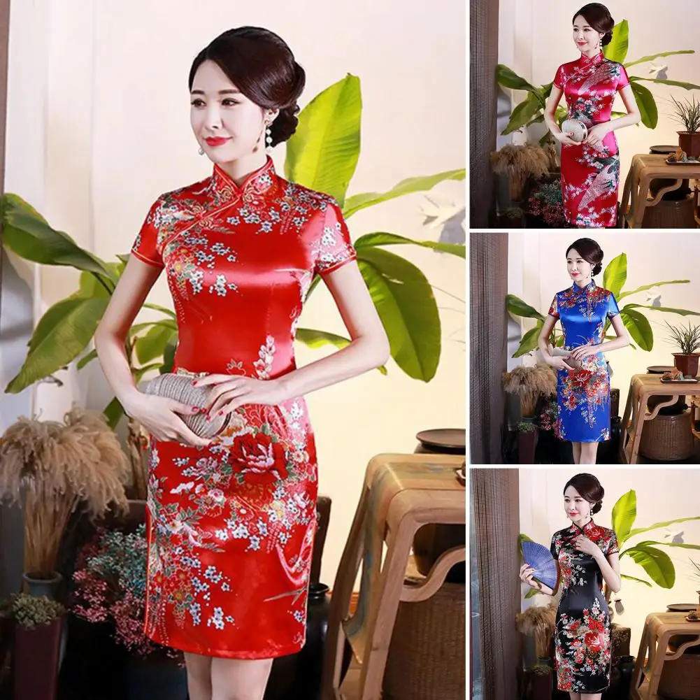 

Gorgeous Summer Cheongsam Close-fitting Lady Cheongsam Short Sleeve Noble Flower Print Chinese Style Qipao Waist Tight