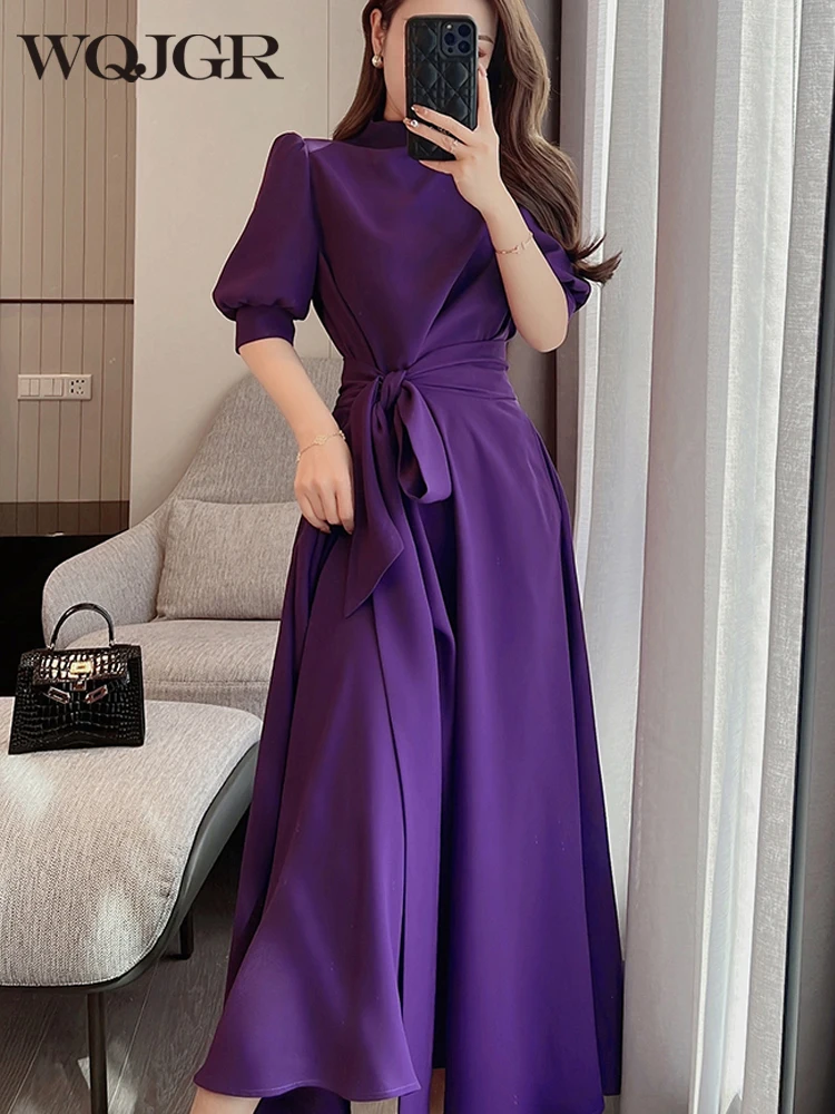 

WQJGR News Spring Summer Dress Women Casual Purple Lantern Sleeve Elegant Homecoming Party Korean Female Dress