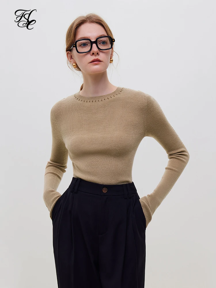 

FSLE Simple Casual Style Seamless One-piece Pure Wool Slim-fitting Sweater for Women 2023 Winter New Bottoming Shirt Sweaters