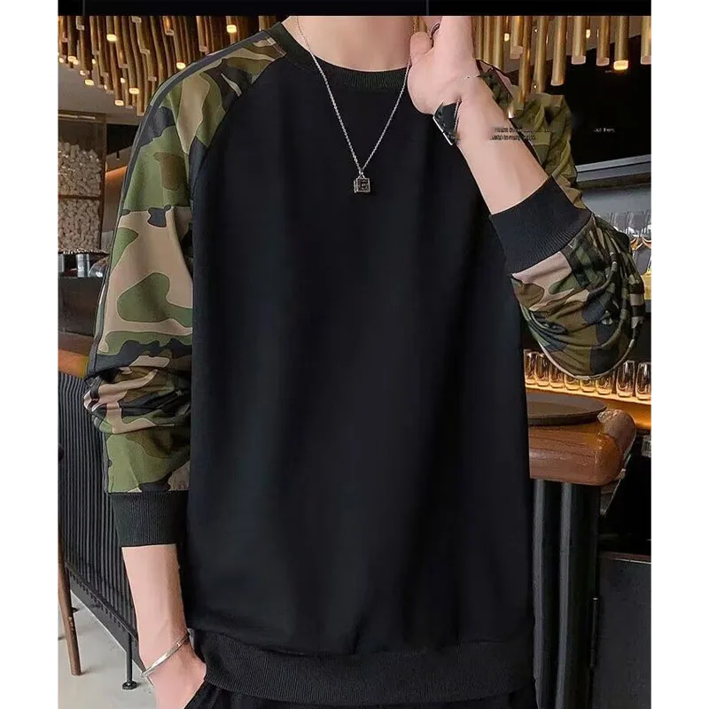 

Spring Fashion Trend Contrast Color Cool Camo Round Neck Panel Versatile Loose Large Size Reduced Age Men's Long Sleeve Sweater