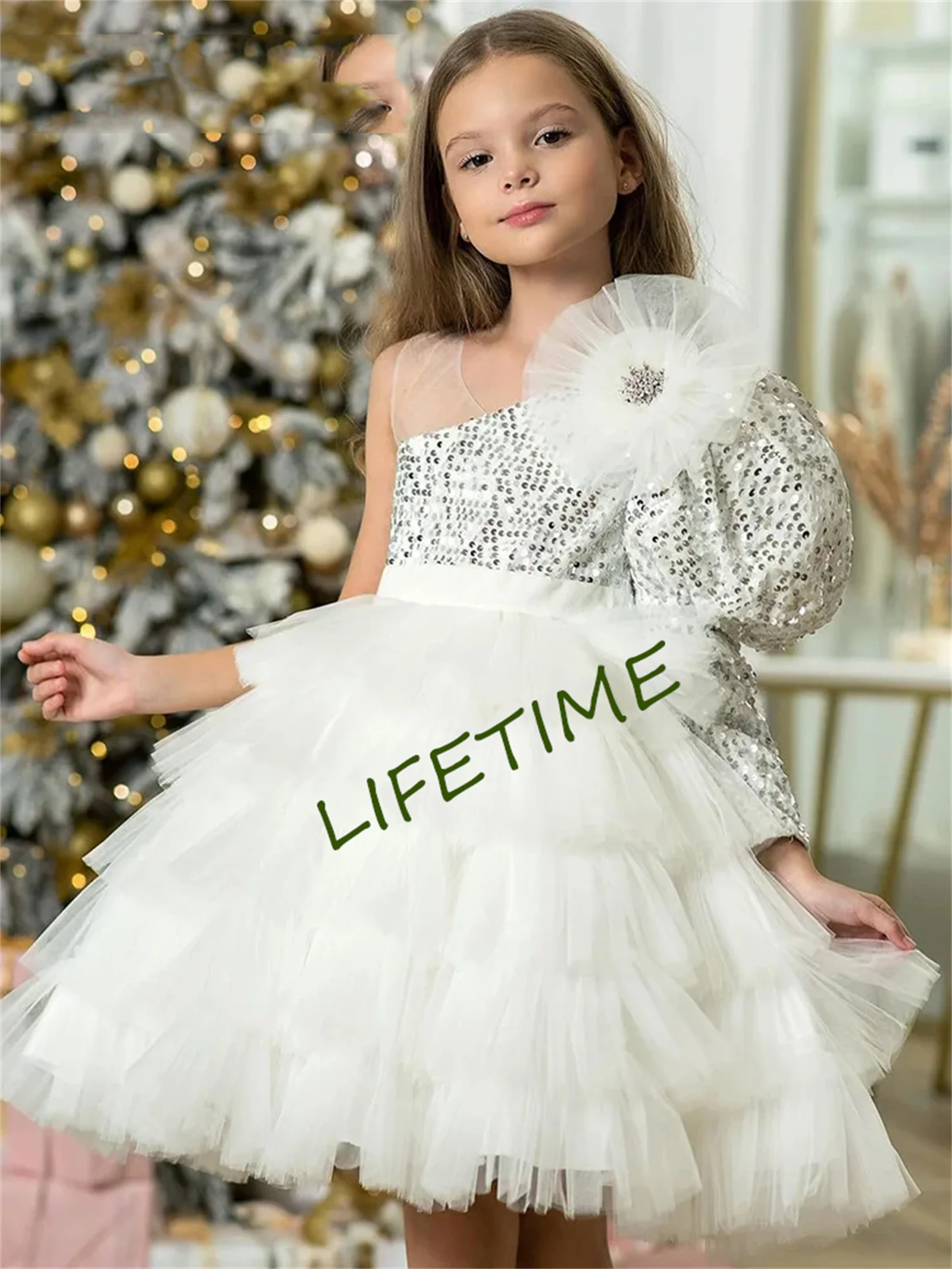 

Sequin One-Shoulder Green Girl Dress Layers Ruffles Puffy Flower Girl Dress Knee Length Princess Dresses Birthday Party Dress