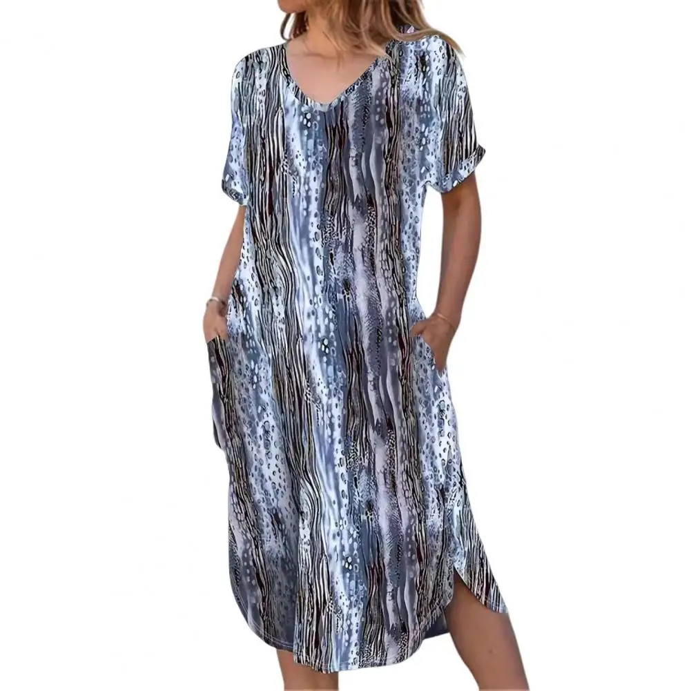 

Women Summer Dress Short Sleeves V Neck Loose Split Irregular Hem Printed Pockets Soft Breathable Mid-calf Length Midi Dresses