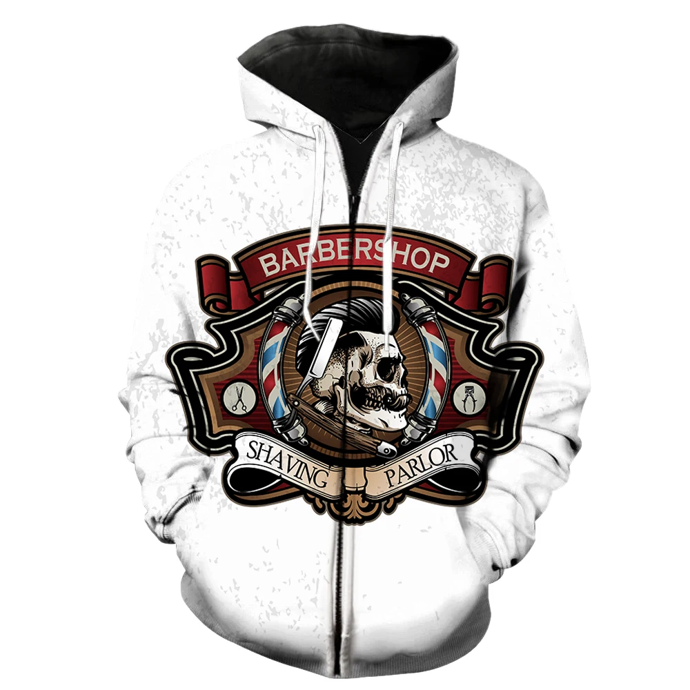 

Cartoon Skull Barber Men's Zipper Hoodie 3D Print Spring Tops Cool With Hood Jackets Sweatshirts Unisex Teens Casual Funny Women