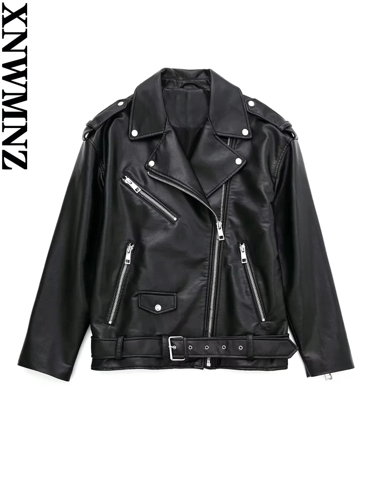 

XNWMNZ Женская мода 2023 Осень/Зима куртка оверсайз из искусственной кожи женская мотоцикл ремень молния пальто женская верхняя одежда