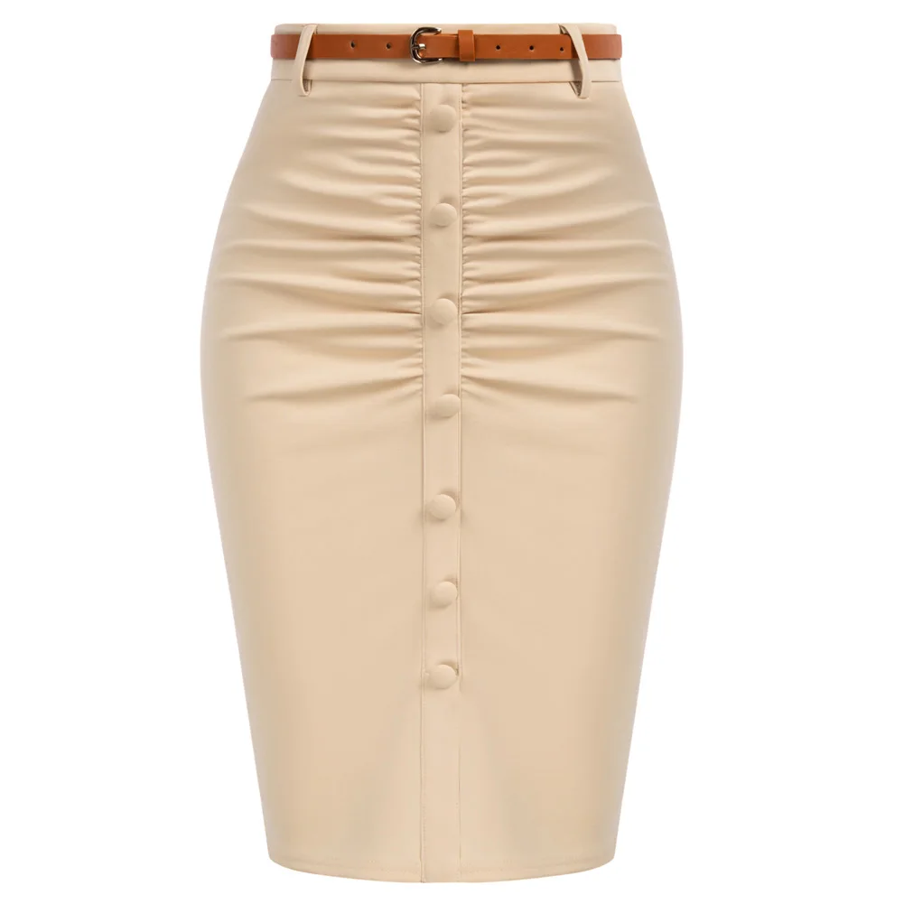 

BP Vintage Ruched Skirt With Belt High Waist Front Slit Knee Length Slim Fit Hips-wrapped Pencil Skirt Fashion Temperament