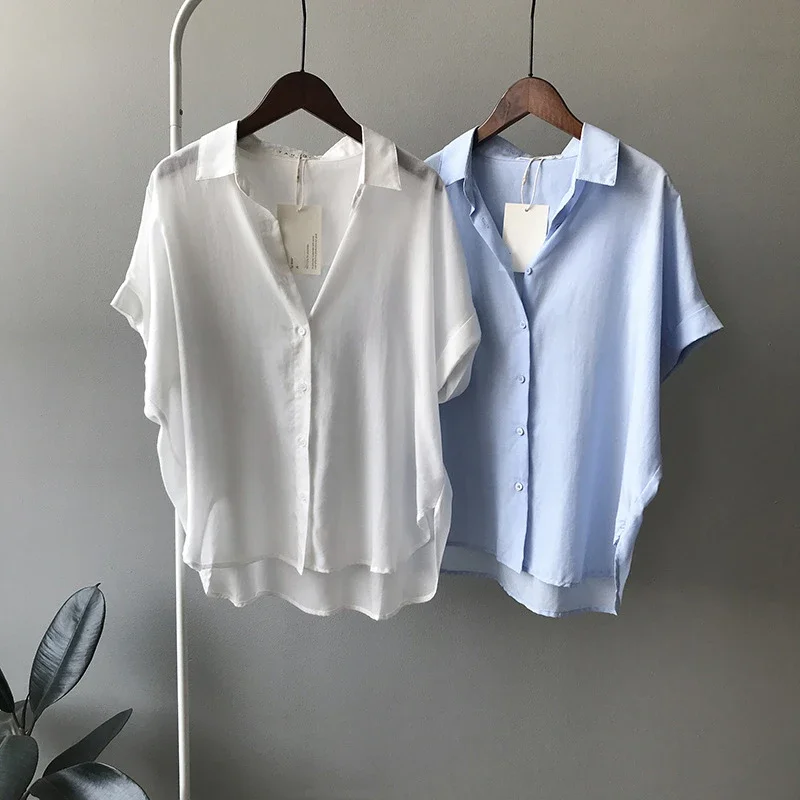 

Рубашка женская льняная с коротким рукавом, тонкая блуза свободного покроя с воротником на пуговицах, модная уличная одежда для офиса, белый синий цвет, на лето