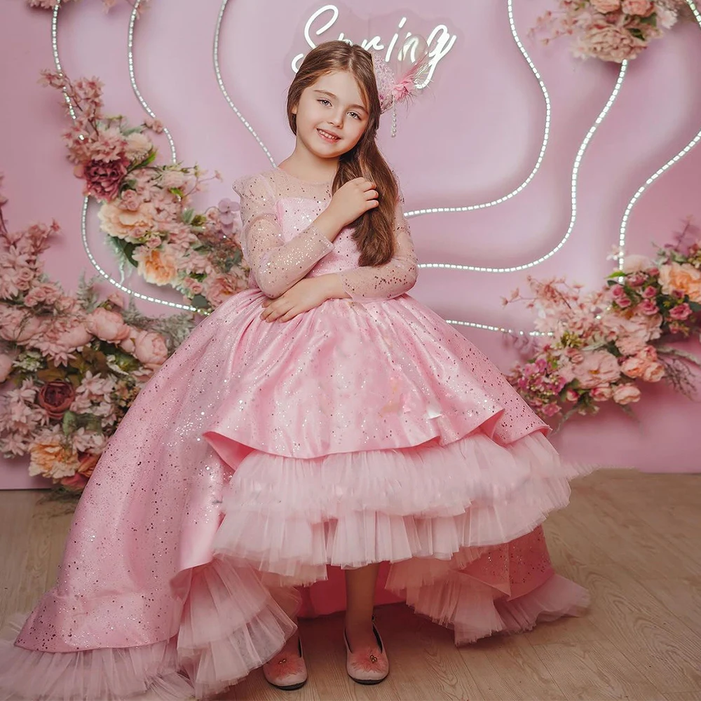 

Pink Sequins Flower Girl Dress For Wedding O-neck Tulle With Bow Puffy Shining Elegant Princess First Communion Ball Gowns