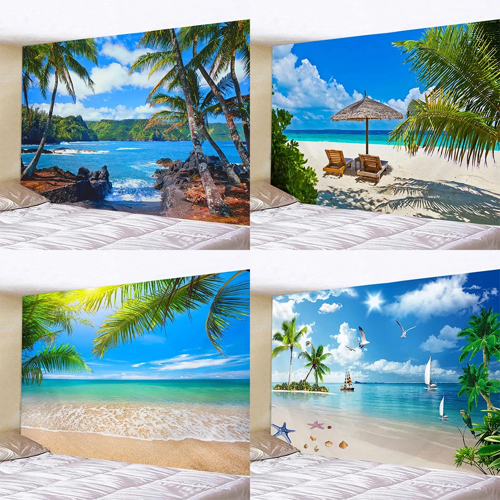 

Fresh and natural beach scenery tapestry seaside coconut tree background cloth room bedroom home decoration wall hanging cloth