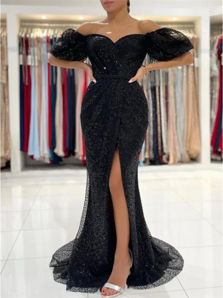 

Женское блестящее вечернее платье-русалка, Длинные Роскошные вечерние платья со шлейфом, коротким рукавом и открытыми плечами, модель 2023