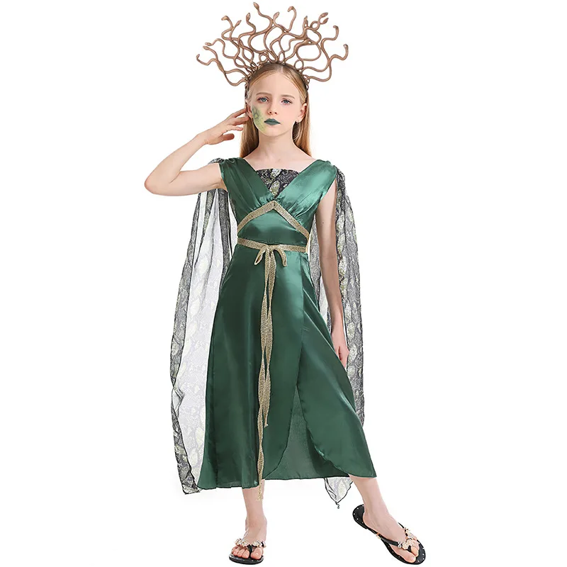 

Children's Girl Purim Greek Myth Medusa Costume Green Dress Book Week Outfit Cosplay Fancy Party Dress Carnival Halloween