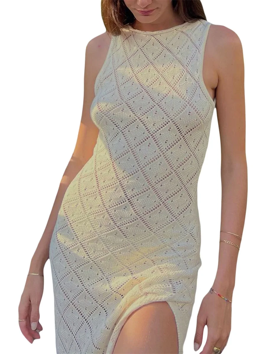 

Women Wrapped Dresses Round Neck Sleeveless Cutout Knitting Solid Midi Party Street Summer Dress