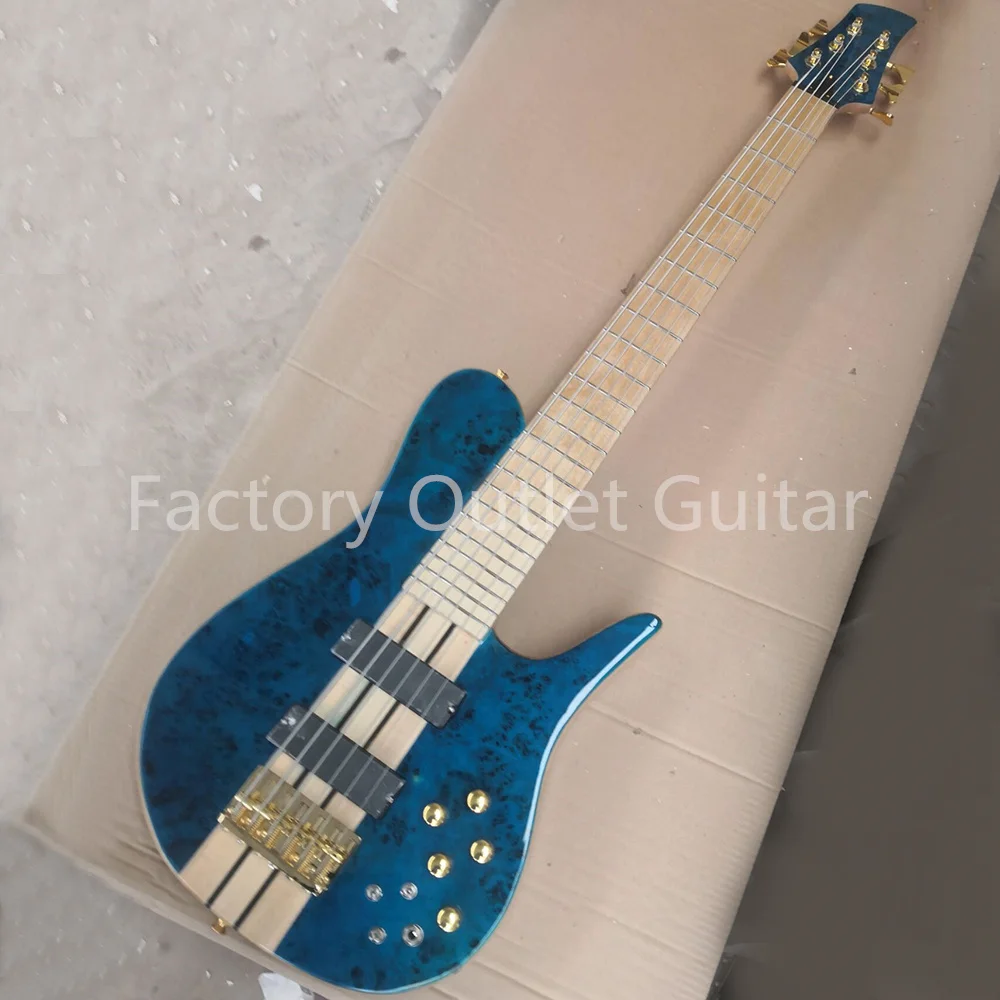 

6 Strings Blue Neck Thru Body Ash Electric Bass Guitar with Burl Maple Veneer Maple Fretboard Customizable