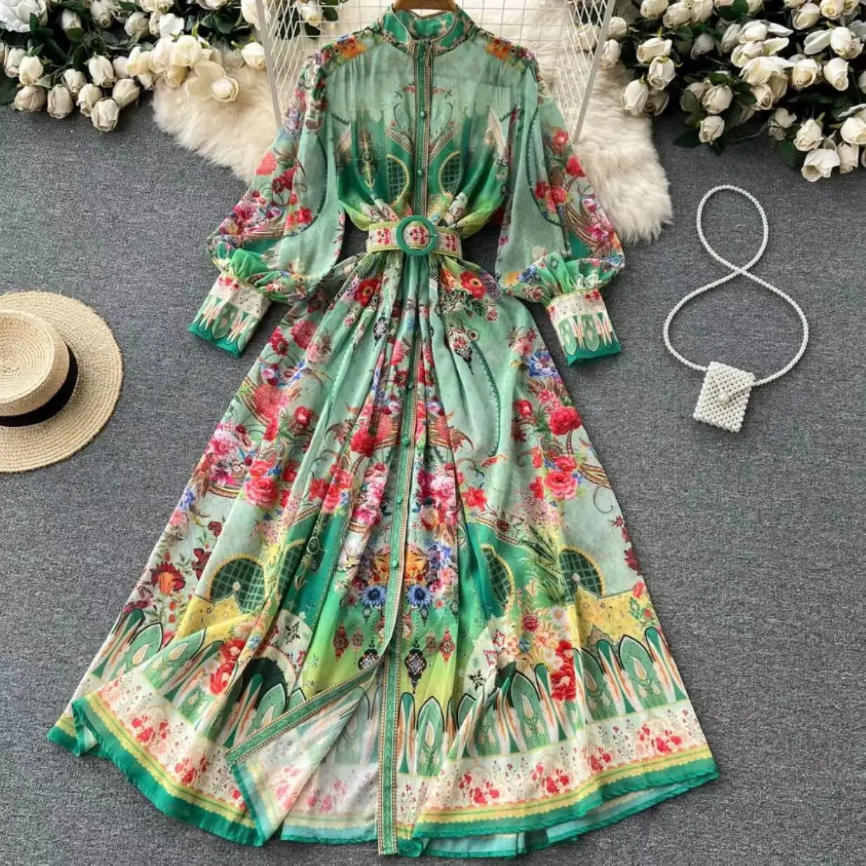 European Elegant Shirt Belt Dress Standing Neck Style Long Dress Lace Up Retro Lantern Sleeves A-line Dresses for Women
European Elegant Shirt Belt Dress Standing Neck Style Long Dress Lace Up Retro Lantern Sleeves A-line Dresses for Women