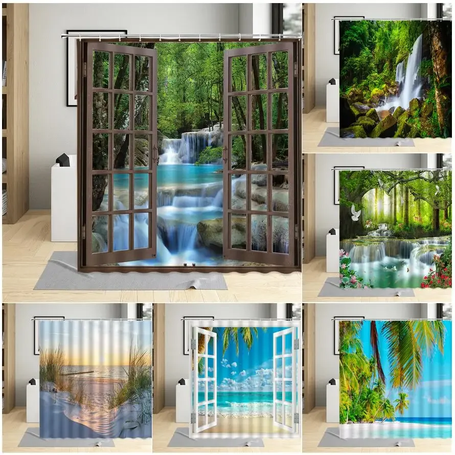 

Window Outside Forest Waterfall Shower Curtain Tropical Palm Trees Ocean Nature Landscape Bathroom Decor Waterproof Curtains Set