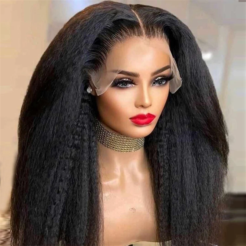 

Preplucked Yaki Black 30Inch Long Kinky Straight Lace Front Wig For Women With Baby Hair Synthetic Glueless Daily Wear Wig