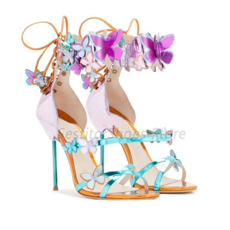 

Summer New Patent Leather Women's Sandals Colorful Butterfly Open Toe High Heels Fashion Luxury Ankle Strap Party Banquet Shoes