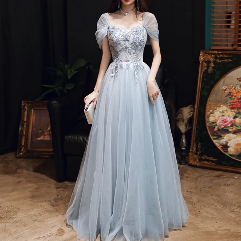 

Fairy Fashion Popular Slash Neck Long Mesh Prom Vestidos Exquisite Flower Appliques Design Evening Dress Elegant Cascading Robe