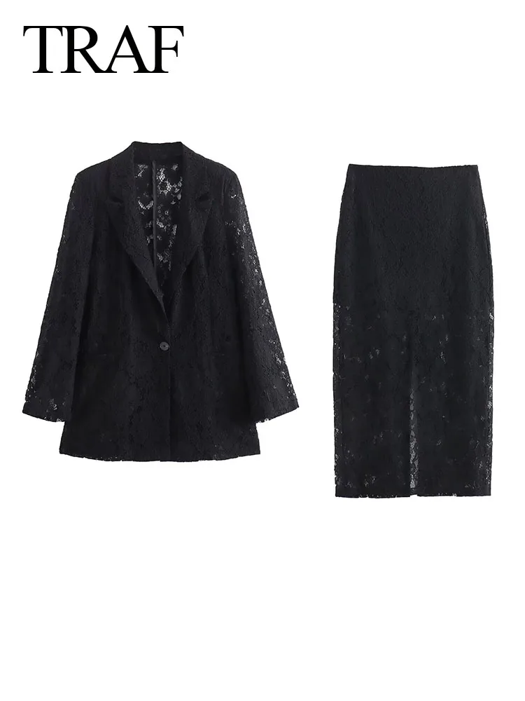 

TRAF Fashion Women 2 Piece Set Zipper Slit Hem High Waist Straight Skirt+Lace Hollow Pocket Decorate Single Buckle Lapel Coat