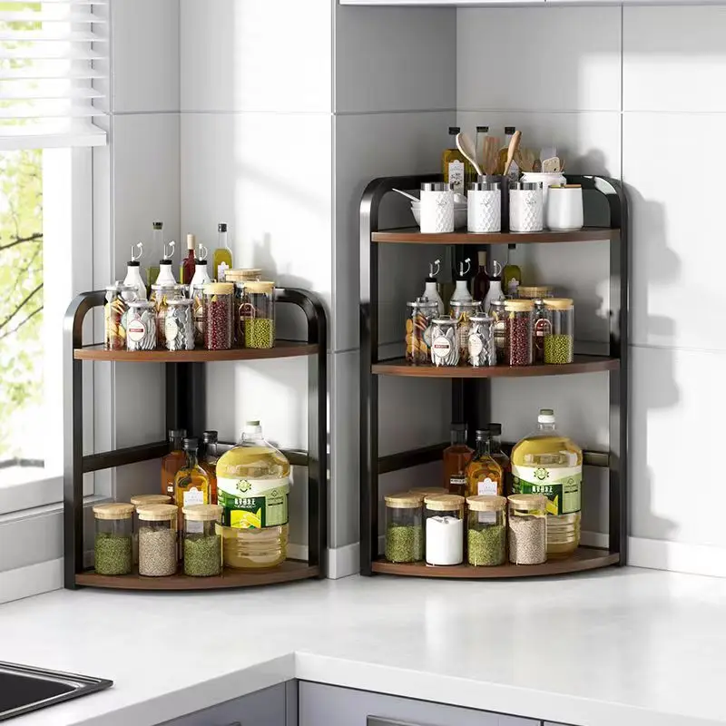 

Kitchen Triangular Shelving Counter Top Corner Seasoning Rack Household 3-Layer Corner Floor Salt Vinegar Storage Organization