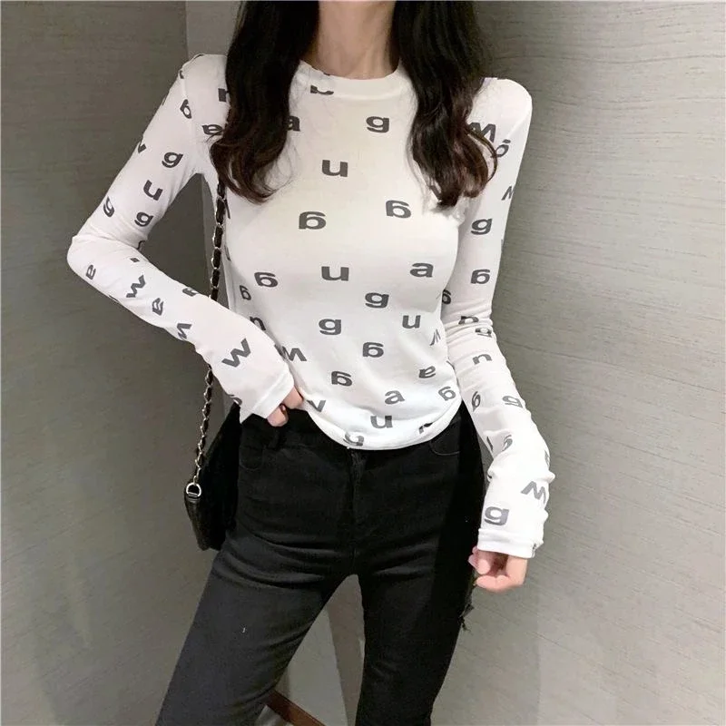 

AW Wang Letter Printed Cotton Stretch Long Sleeves T-shirt For Women Slim Luxury Brand Designer Tshirt Crop Tops Tees Clothes