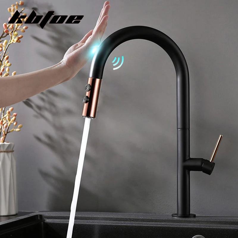 

Pull Out Smart Touch Control Kitchen Faucets Sensor Singe Handle 360 Rotation Sink Faucet 2 Outlet Water Mixer Taps Black White