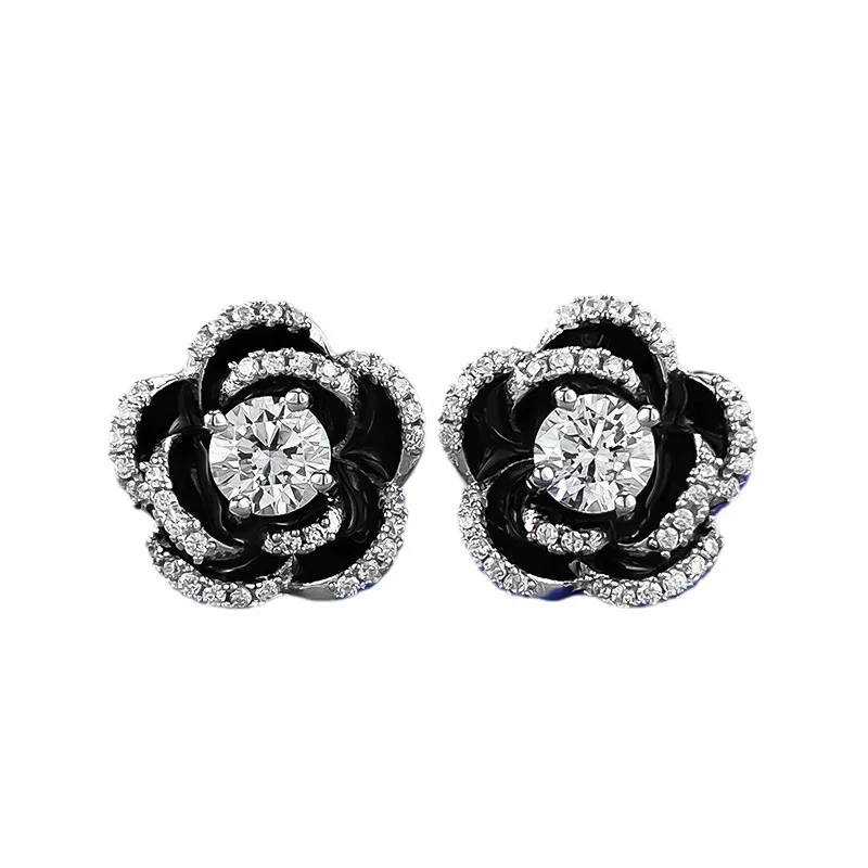 

S925 Silver Ear Dingshan Camellia 5.0mm Round White Zircon Inlaid Personalized Versatile Ear Dings Boutique Jewelry for Women