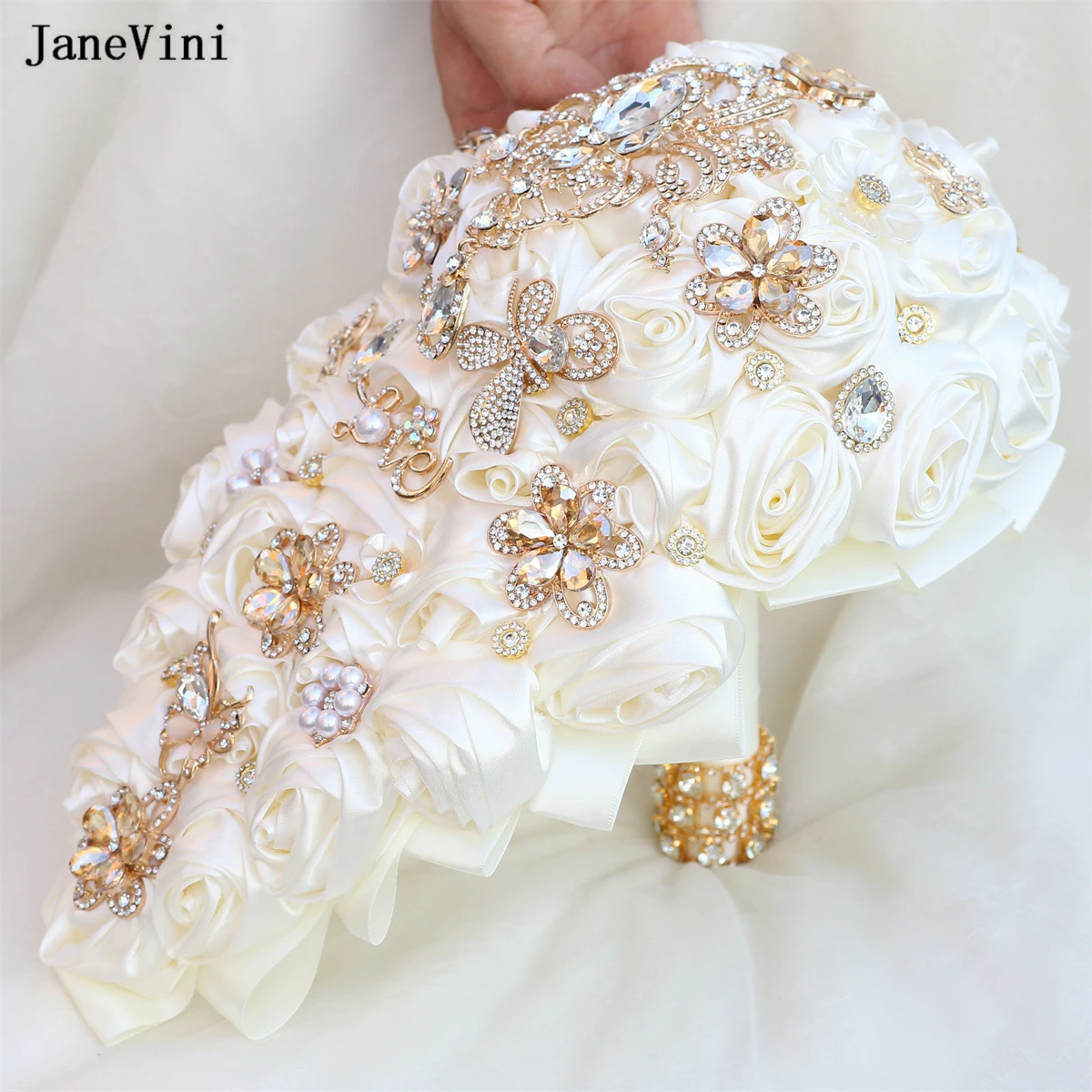 

JaneVini Luxury Gold Crystal Ivory Cascading Flowers Waterfall Bridal Bouquets Artificial Satin Rose Bouquet Wedding Accessories