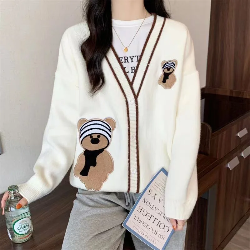 

2023 Fall Winter Korean Style Knitted Cardigan Kawaii Cartoon Bear Embroidered Sweater Coat Outwear Jacket Women Long Sleeve Top