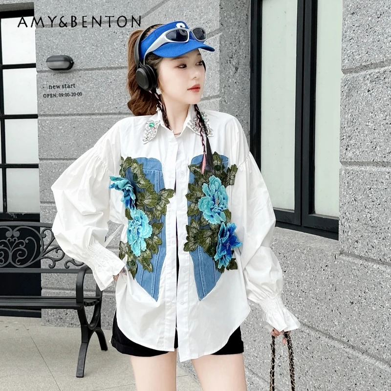 

Fashion New Blusas Heavy Industry Denim Stitching Embroidered White Shirt Women's Loose Waist-Tight Slimming Coat Women's Blouse
