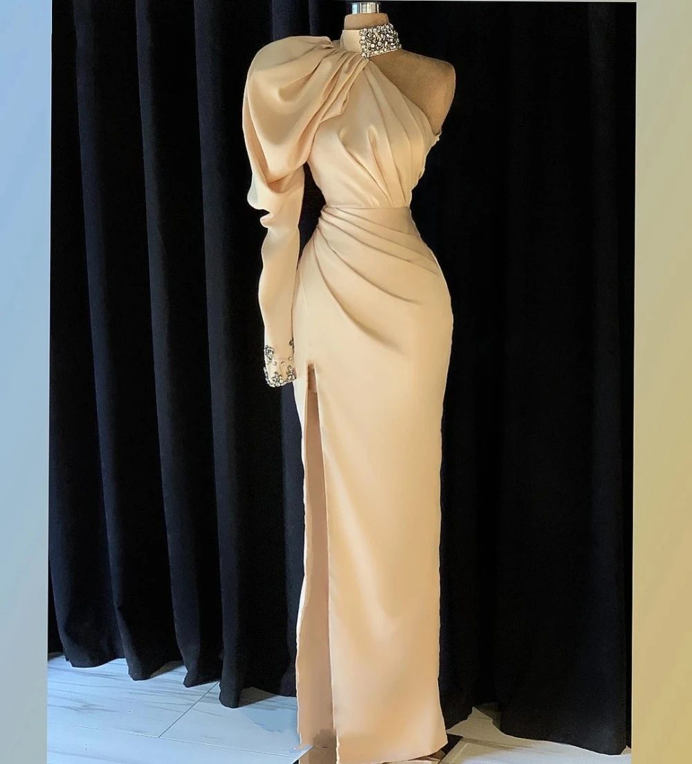 Haute Couture Elegant One Shoulder Beige Mermaid Prom Dresses Long Sleeve High Slit Satin Formal Evening Dress Party
Haute Couture Elegant One Shoulder Beige Mermaid Prom Dresses Long Sleeve High Slit Satin Formal Evening Dress Party