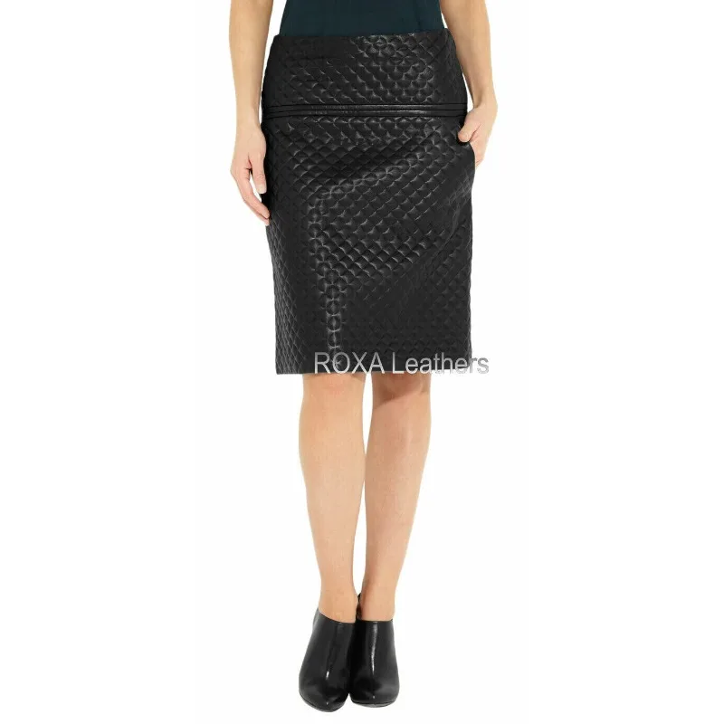

New Elegant Women Genuine Lambskin Leather Skirt Solid Quilted Black Skirt