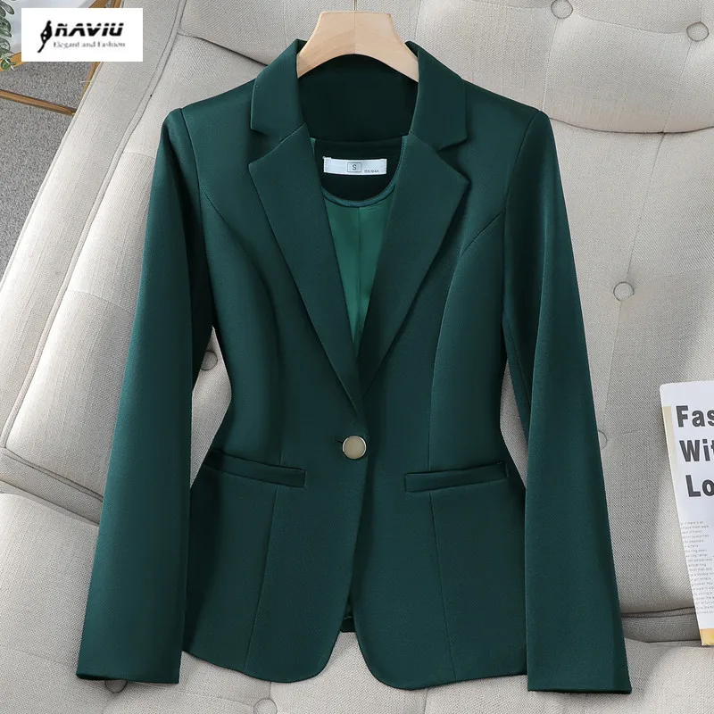 

NAVIU Office Ladies Blazer Women Jacket Apricot Black Green Long Sleeve Single Button Female Business Work Wear Slim Formal Coat