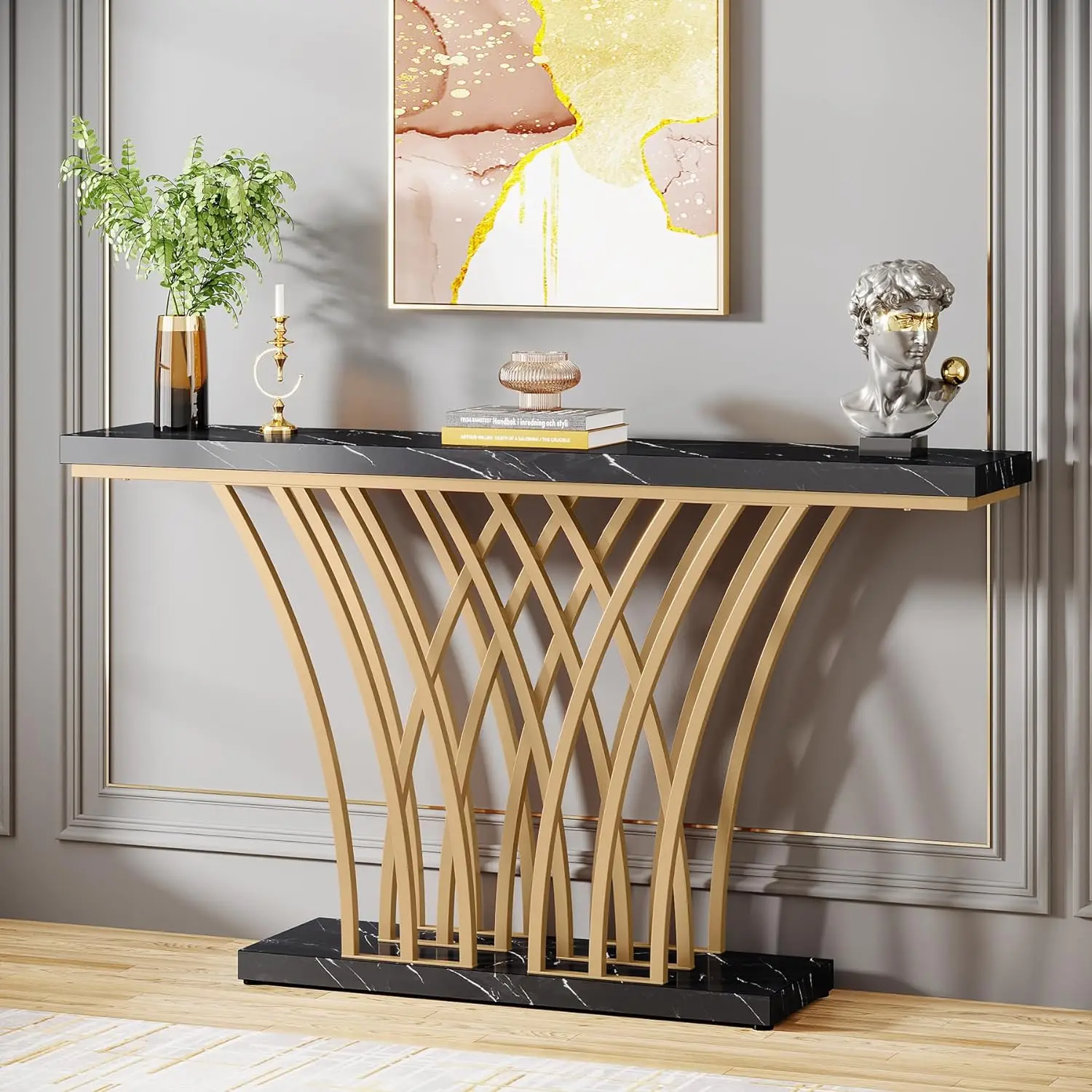 59 inch Gold Console Table, Modern Entryway Table with Grid-Shaped Metal Base for Entrance, Hallway, Entryway, Living Room
59 inch Gold Console Table, Modern Entryway Table with Grid-Shaped Metal Base for Entrance, Hallway, Entryway, Living Room