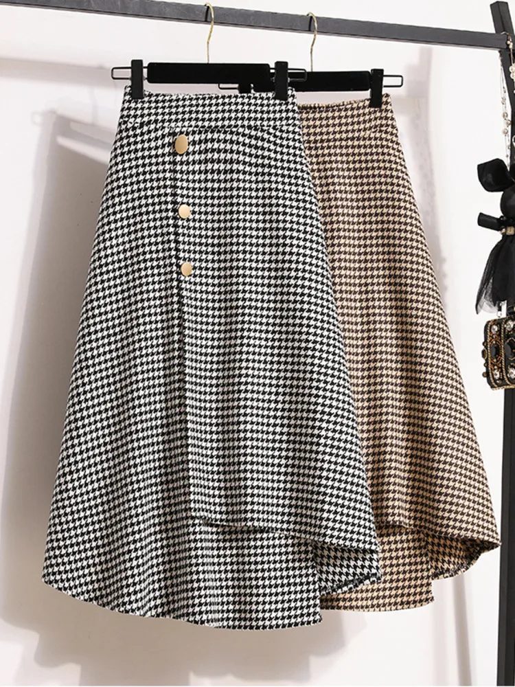 

Autumn Winter Irregular Retro Plaid Tweed Skirt For Women Temperament High Quality Houndstooth Skirts Korean Casual Bottoms