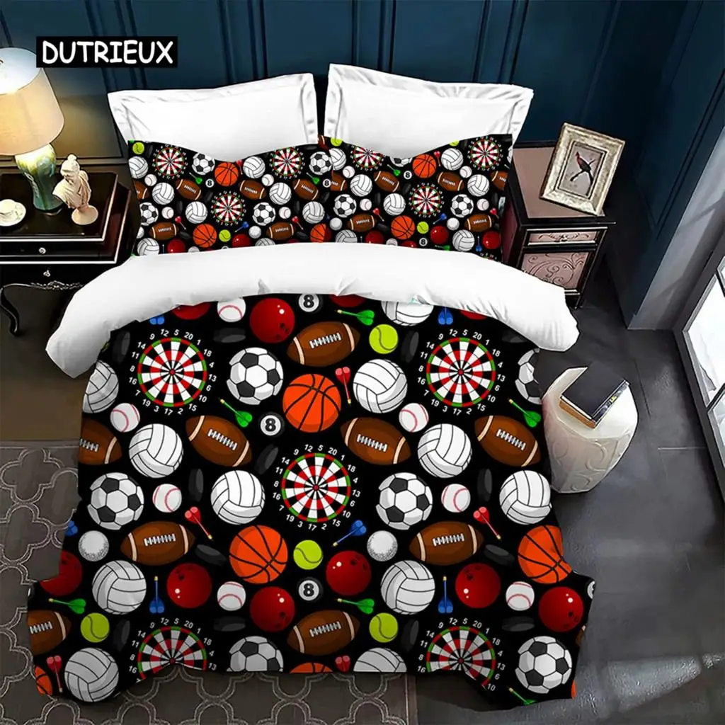 

3 Pcs Duvet Cover Set, Ball Bedding Sets, Very Cool Basketball And Football Pattern Duvet Cover,Comforter Cover With Zipper Ties