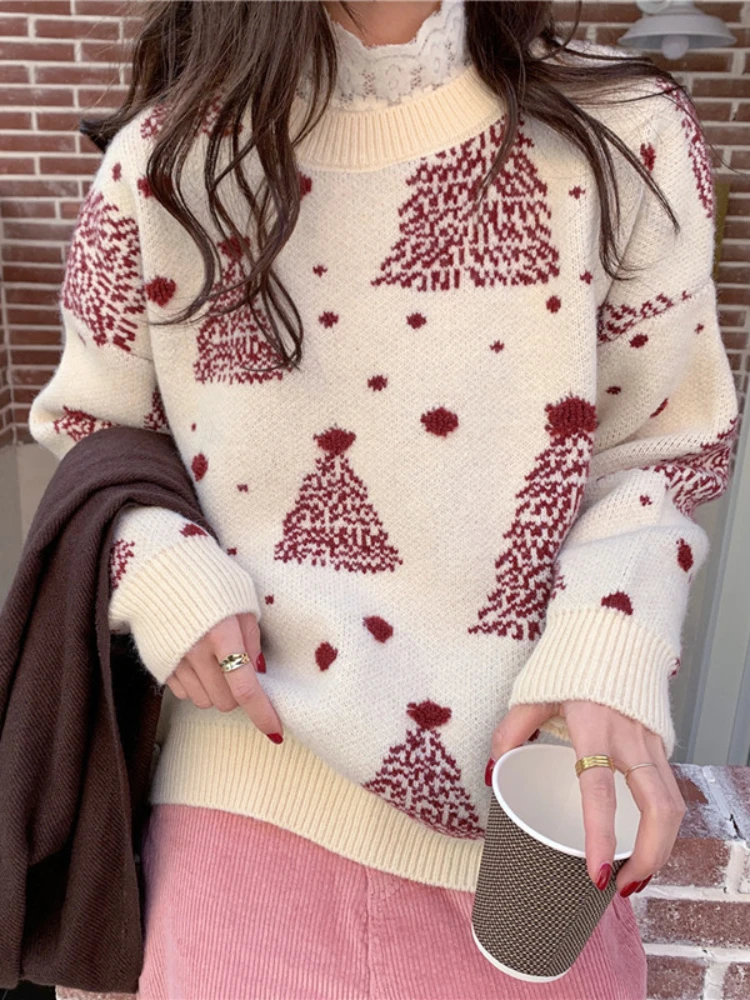 

Fashion Women's Winter Sweater Christmas Snowflake Print Round Neck Long Sleeved Korean Slimming Thread Youthful Woman Clothes