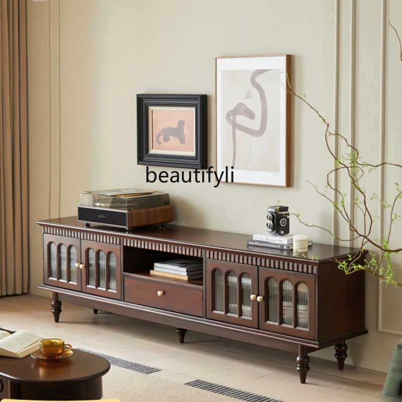 

American TV Cabinet Retro Living Room French Entry Lux Coffee Table Combination TV Stand Pure Solid Wood Light Luxury