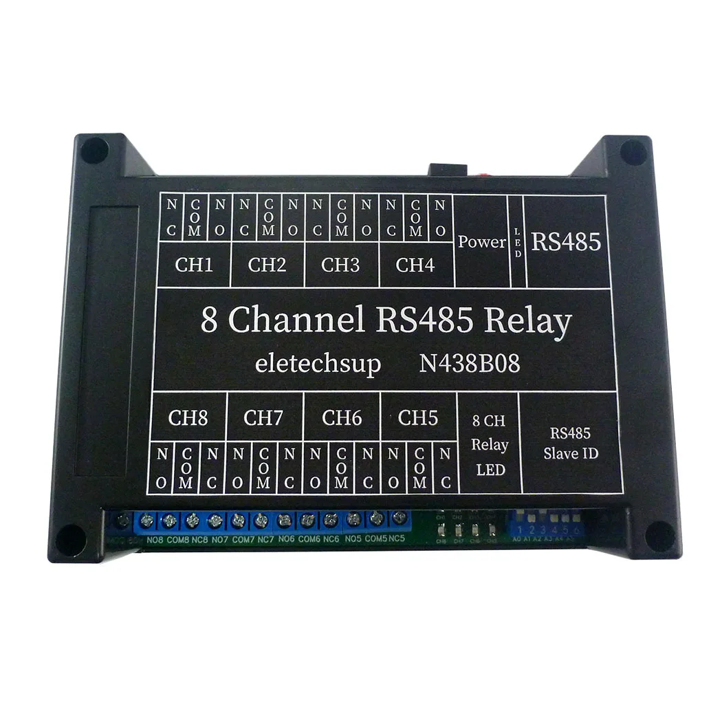 

N438B08 8CH DC 12V RS485 Реле PC UART последовательный порт переключатель RTU 03 06 16 функциональный код DIN панель переключателя с защитой телевизора