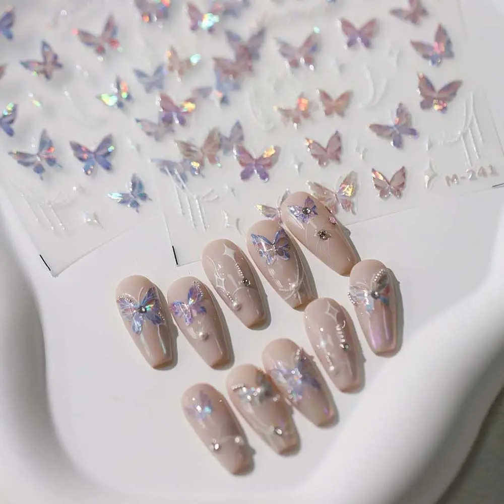 

Pink Purple Butterfly Nail Stickers White Stars Manicure Ornaments Bronzing Butterfly Nail Decals Nail Accessories