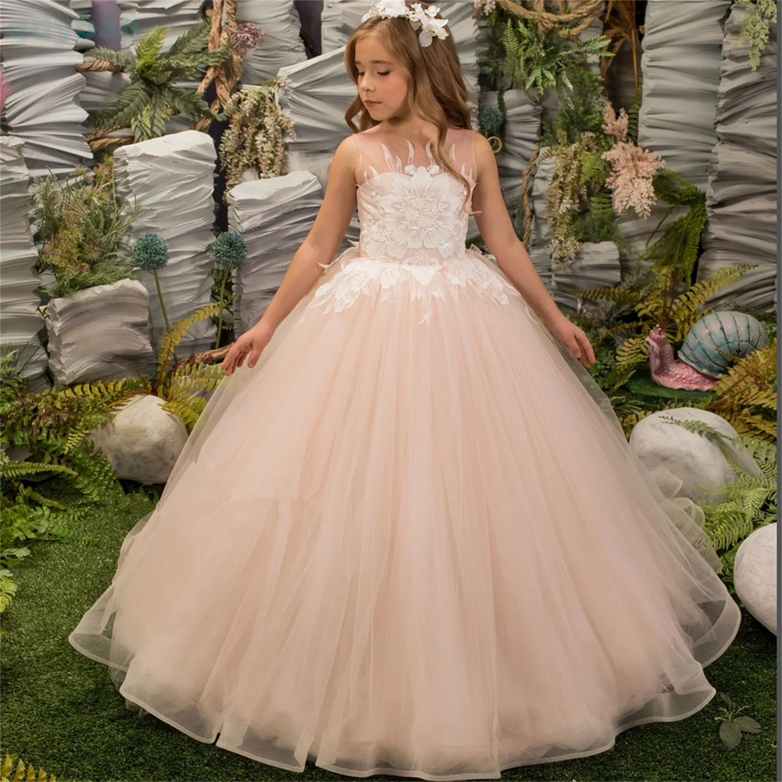 

A+Blush Lace Appliqued Flower Girl Dresses Tulle Beading Appliqued Pageant For Girls First Communion Dresses Kids Prom Dresses