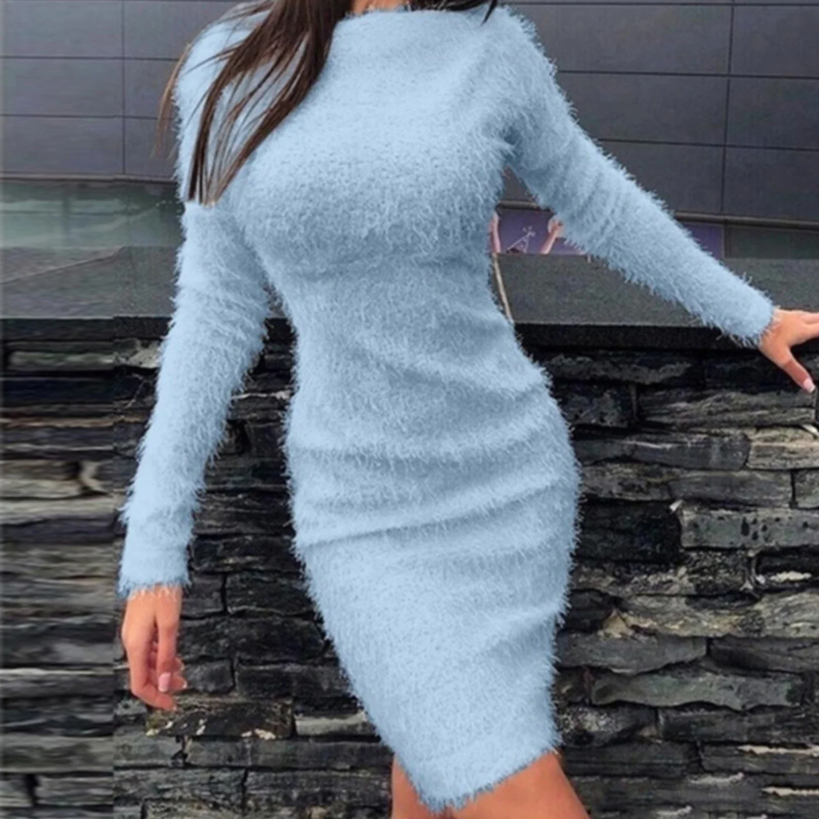 

Hot Loose Women Dress Autumn Winter Solid Color Long Sleeve Sweater Fluffy Kee-length Bodycon Dress платье