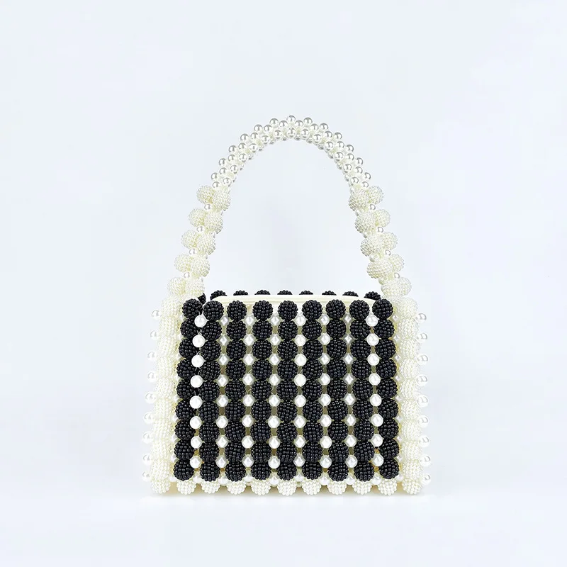 

Customized Niche Design Black White Splicing Small Fragrant Style Yangmei Ball Women's Bag New Hand Woven Beaded Ladies Handbag