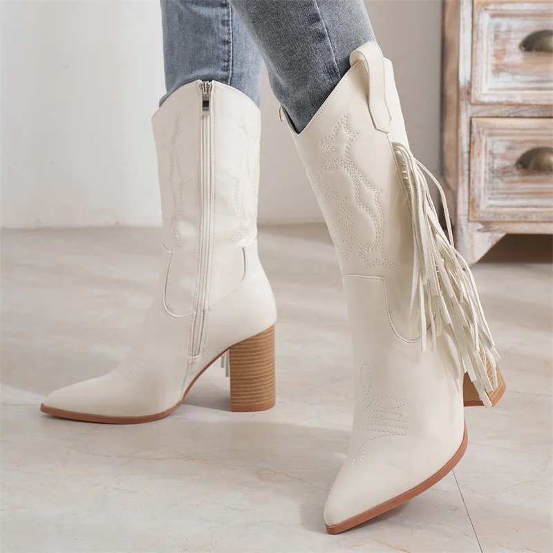 

IPPEUM Cowboy Boots For Women Fringe Western Boots Cowgirls Pointed Toe Chunky High Heeled Shoes