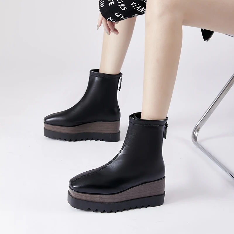 

8cm Chunky Platform Boots Womens High Heels Winter Warm Ankle Boots Casual Back Zipper Wedges Creepers Black Ladies Boots