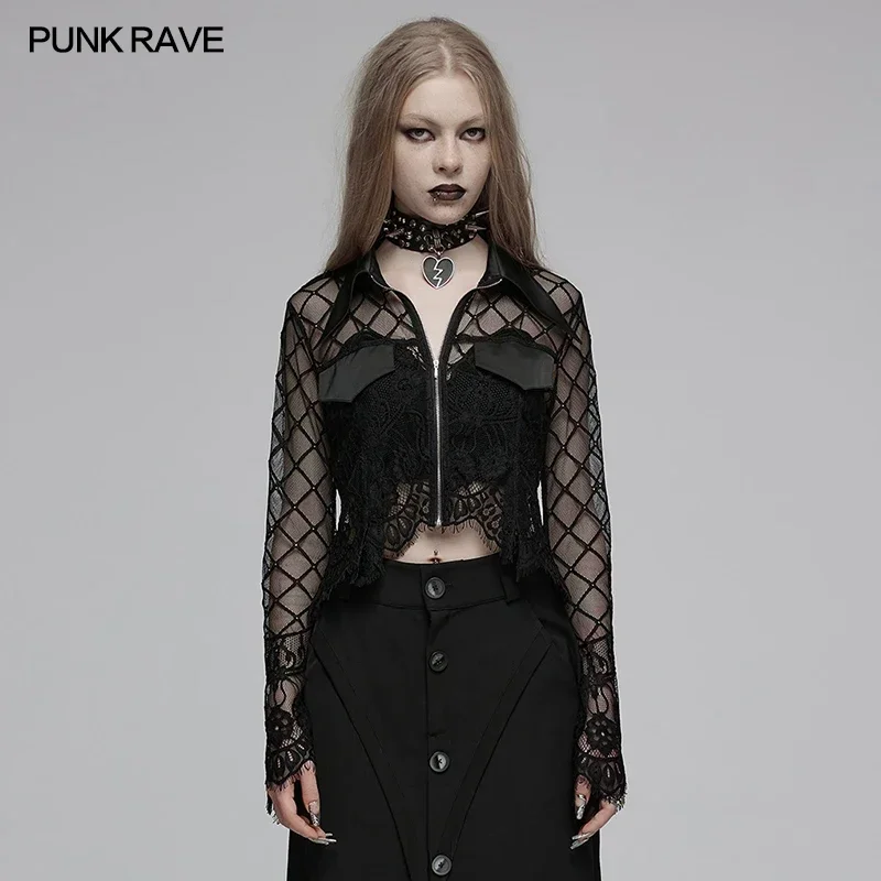 

PUNK RAVE Women's Gothic Pointed Hem Stand Collar Flared Sleeves Lace Cardigan Daily Dark Casual Tops Women Clothes Shirt