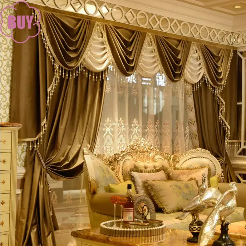 

European Style Curtains for Living Dining Room Bedroom Luxury Solid Color Dutch Velvet Curtain Valance French Window White Tulle