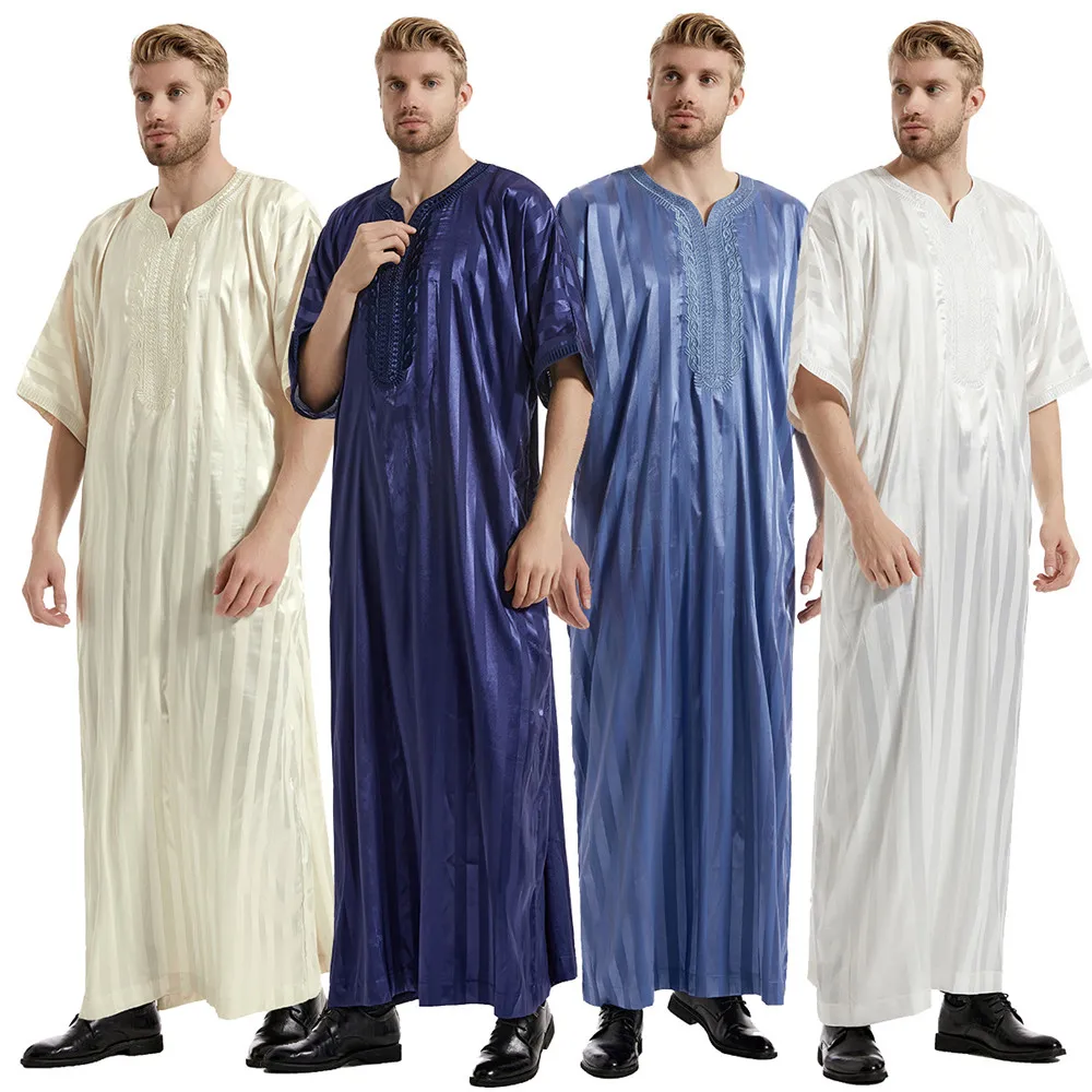 

Халат мужской в полоску, саудовская Арабская мусульманская одежда, джубба, Тобе, джеллаба, мусульманская одежда, ИД Рамадан, Тауб, кафтан с вышивкой, наряд